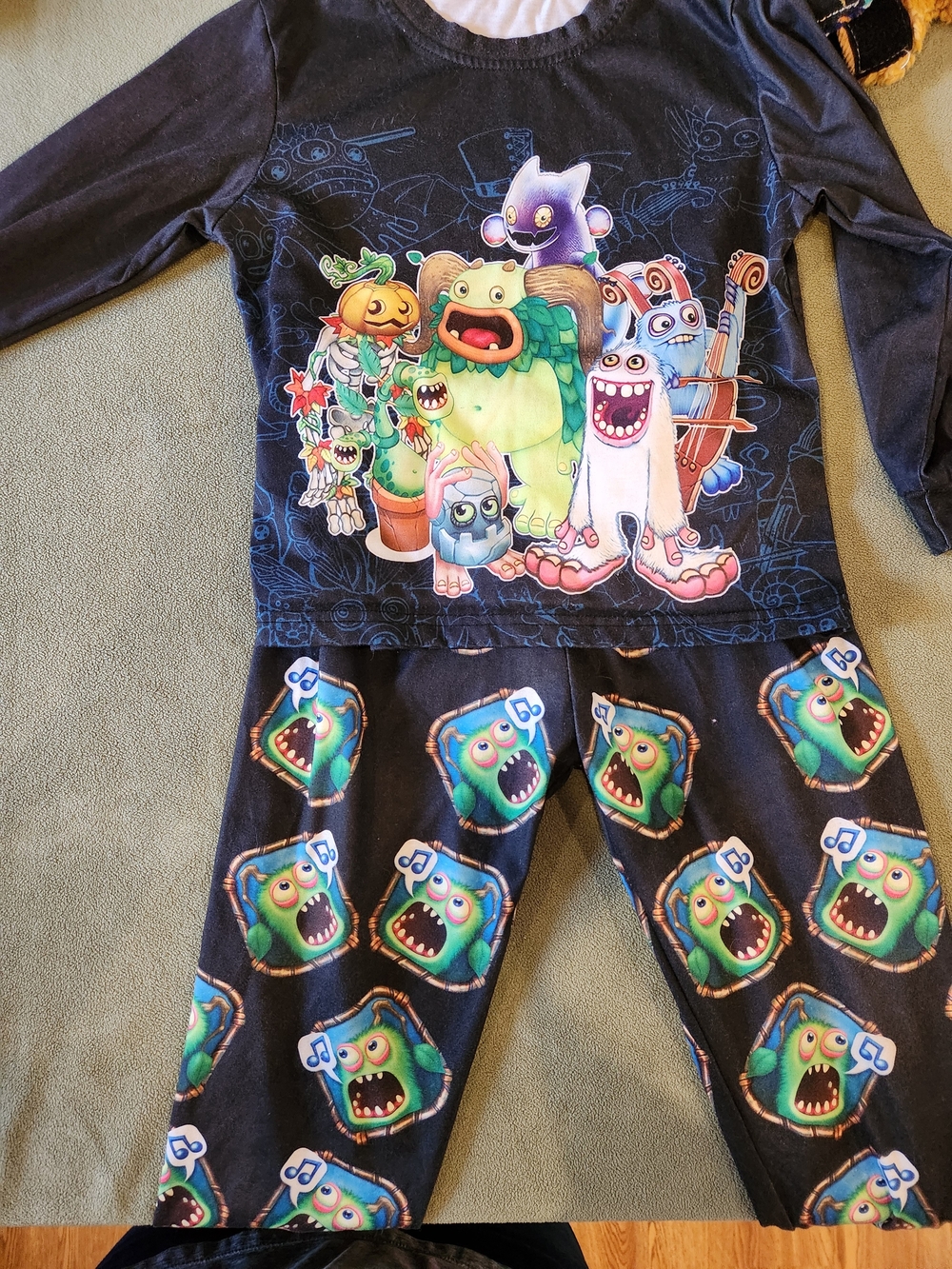 Kids Black Monster Graphic Pajama Set - Crew Neck Top & Pants